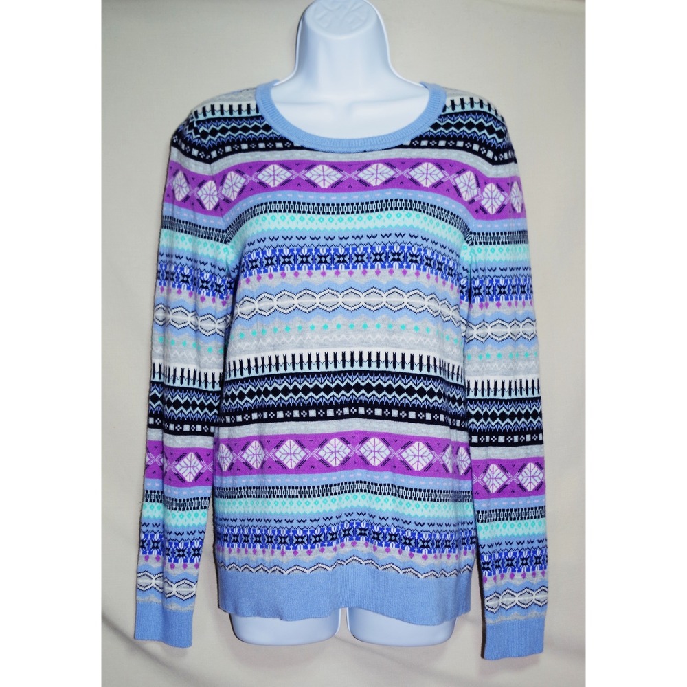 Talbots Womens Small Fair Isle Lambswool Blend Sweater Blue Purple Button Back